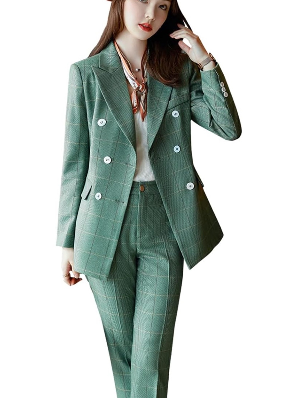 LISUEY Collection Sage Green Plaid Double-Breasted Blazer – Women’s XL
